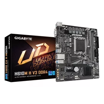 GIGABYTE H610M H V3 DDR4 pagrindinė plokštė - palaiko Intel Core 14-os kartos procesorius, 4+1+1 hibridinių fazių skaitmeninis VRM, iki 3200MHz DDR4, 1xPCIe 3.0 M.2, GbE LAN, USB 3.2 Gen 1