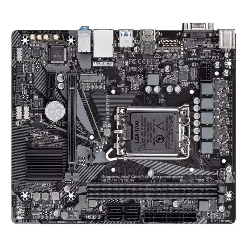 GIGABYTE H610M H V3 DDR4 pagrindinė plokštė - palaiko Intel Core 14-os kartos procesorius, 4+1+1 hibridinių fazių skaitmeninis VRM, iki 3200MHz DDR4, 1xPCIe 3.0 M.2, GbE LAN, USB 3.2 Gen 1