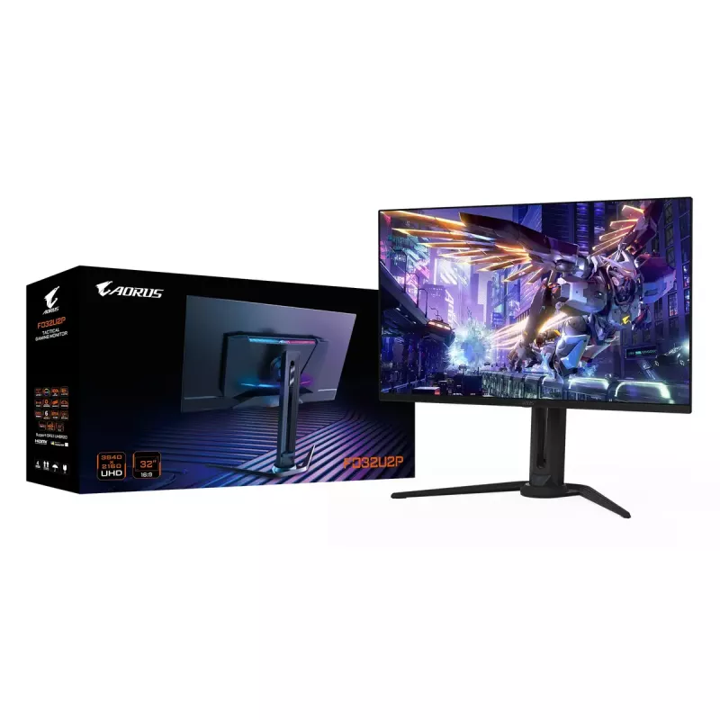 32” GIGABYTE AORUS FO32U2P OLED žaidimų monitorius – 3840×2160 UHD, 240 Hz, 0,03 ms, 250 cd/m², KVM, DisplayPort 2.1