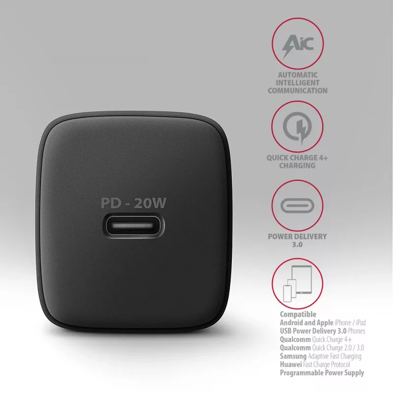 Sieninis kroviklis Axagon ACU-PD20 1x QC3.0/AFC/FCP/PD Type-C 20 W juodas