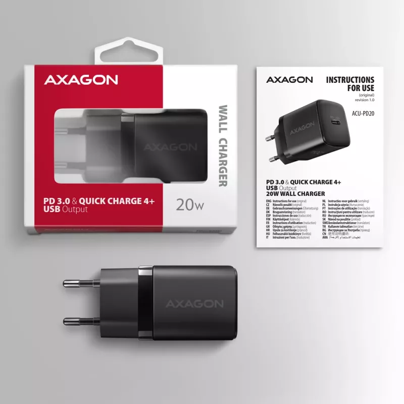 Sieninis kroviklis Axagon ACU-PD20 1x QC3.0/AFC/FCP/PD Type-C 20 W juodas