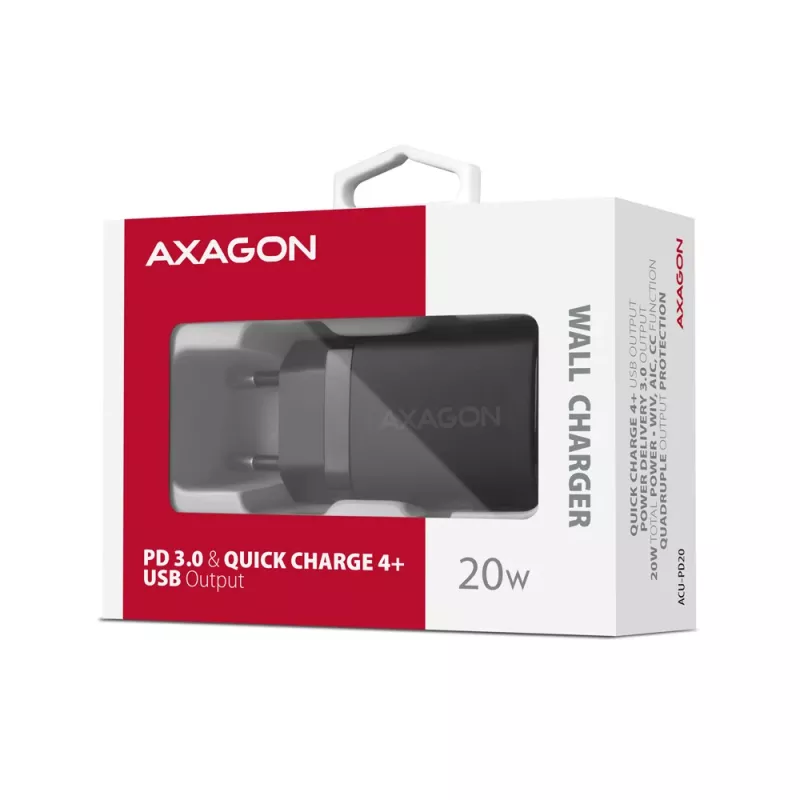 Sieninis kroviklis Axagon ACU-PD20 1x QC3.0/AFC/FCP/PD Type-C 20 W juodas