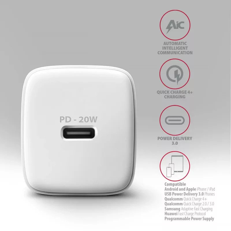 Axagon ACU-PD20W sieninis įkroviklis 1x QC3.0/AFC/FCP/PD type-C 20W baltas Mobilusis telefonas, Išmanusis telefonas, Išmanusis laikrodis, Planšetinis kompiuteris, Universalus, Laikrodis Kintamosios srovės Greitasis įkrovimas Vidaus