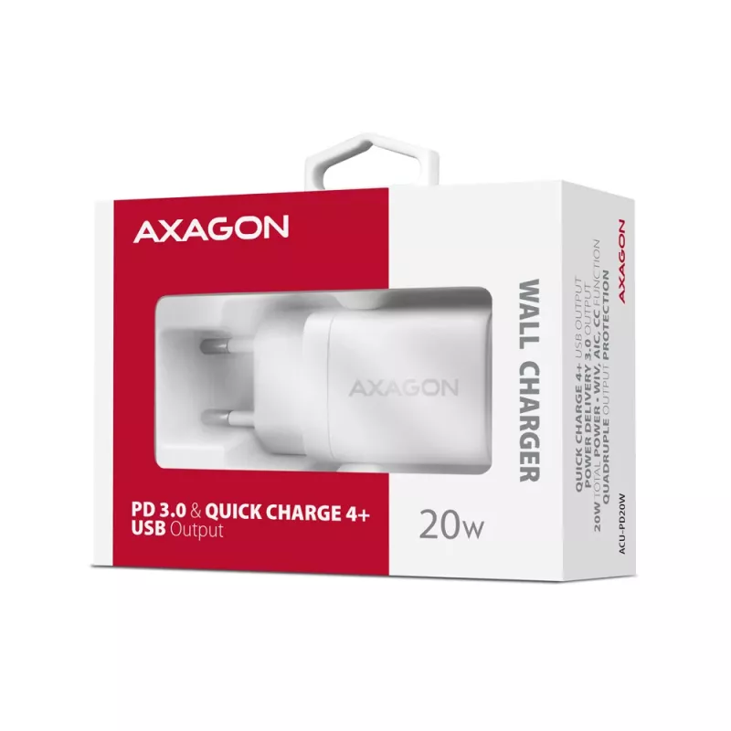 Axagon ACU-PD20W sieninis įkroviklis 1x QC3.0/AFC/FCP/PD type-C 20W baltas Mobilusis telefonas, Išmanusis telefonas, Išmanusis laikrodis, Planšetinis kompiuteris, Universalus, Laikrodis Kintamosios srovės Greitasis įkrovimas Vidaus