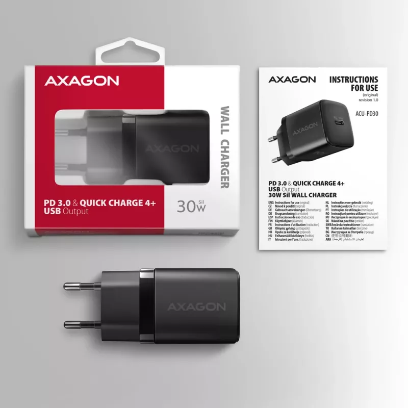 Axagon ACU-PD30 PD3.0 & QC4+ 1x IŠĖJIMO sieninis įkroviklis 30W, vidaus, kintamoji srovė, juodas