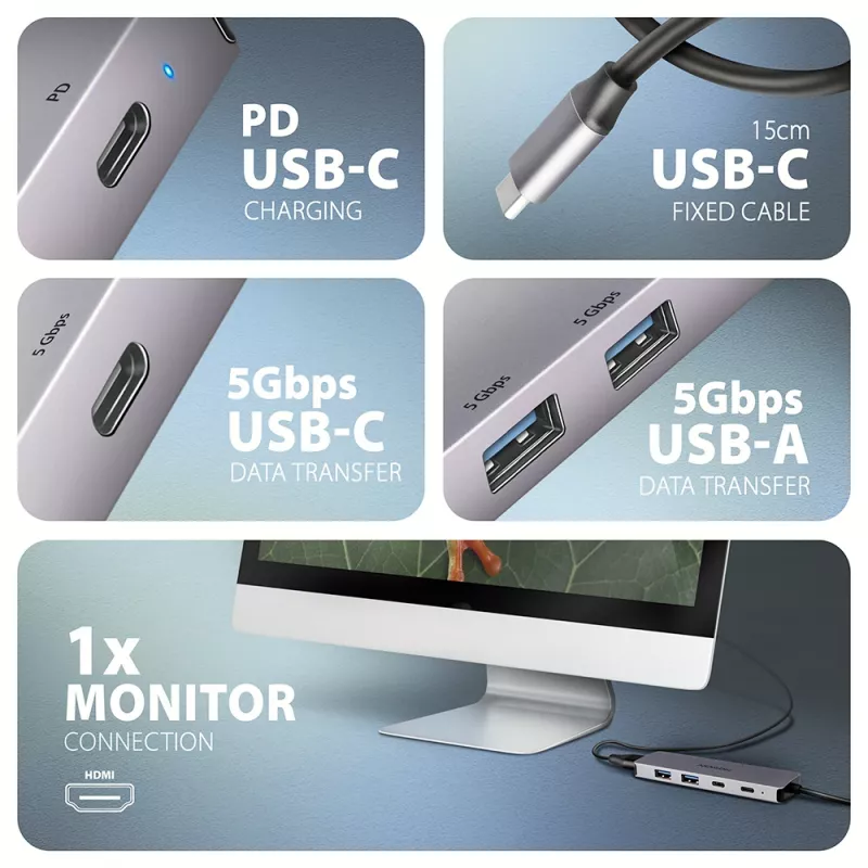 Axagon HMC-5H60 USB 5Gbps šakotuvas, 2x USB-A, 1x USB-C, HDMI 4k/60Hz, PD 100W, USB-C kabelis
