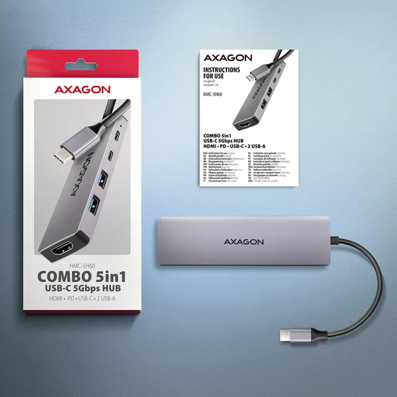 Axagon HMC-5H60 USB 5Gbps šakotuvas, 2x USB-A, 1x USB-C, HDMI 4k/60Hz, PD 100W, USB-C kabelis