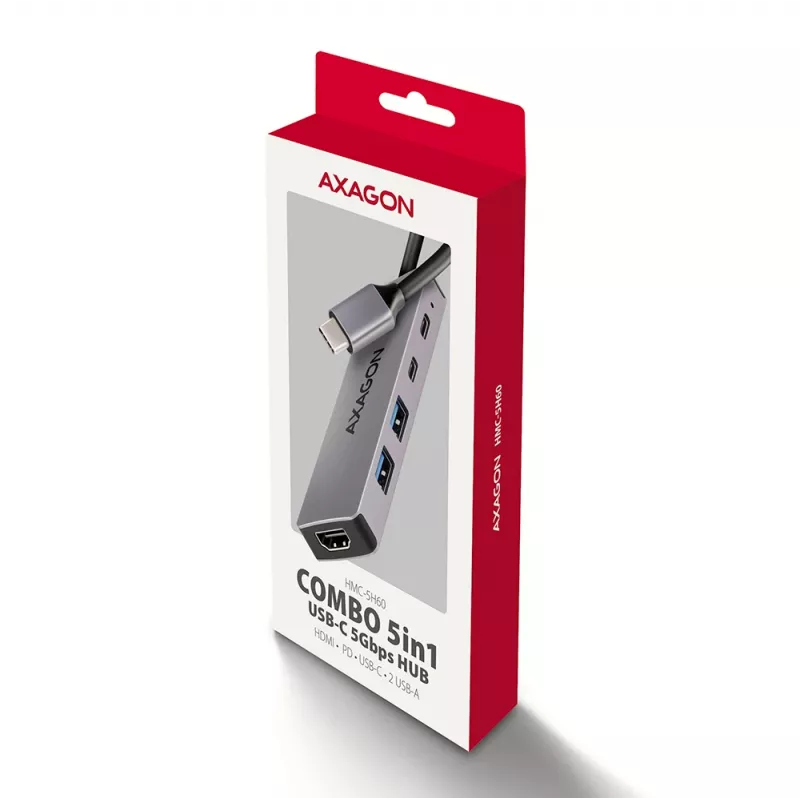 Axagon HMC-5H60 USB 5Gbps šakotuvas, 2x USB-A, 1x USB-C, HDMI 4k/60Hz, PD 100W, USB-C kabelis