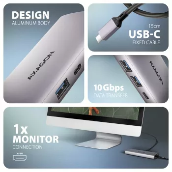 Axagon HMC-6G2L USB 10Gbps šakotuvas, 2x USB-A, 1x USB-C, HDMI 4k/60Hz, RJ-45, PD 100W