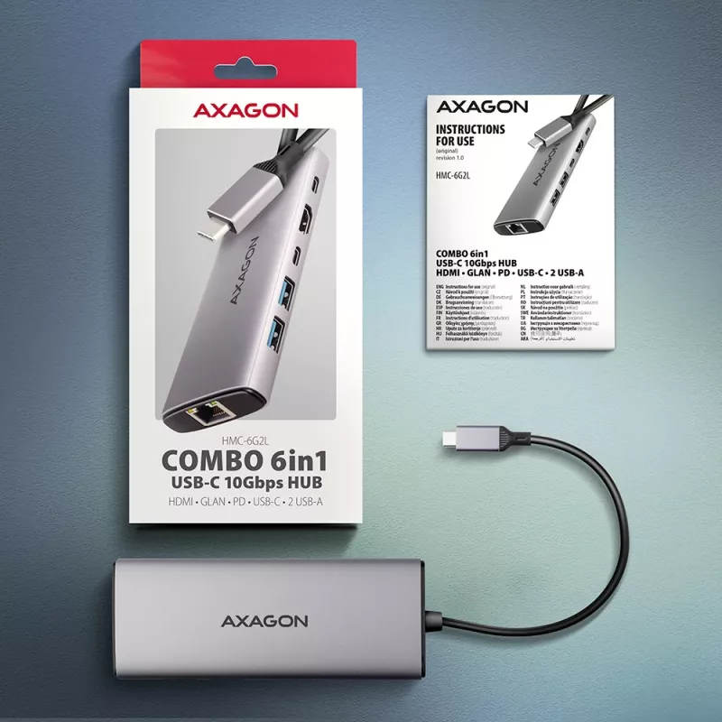 Axagon HMC-6G2L USB 10Gbps šakotuvas, 2x USB-A, 1x USB-C, HDMI 4k/60Hz, RJ-45, PD 100W