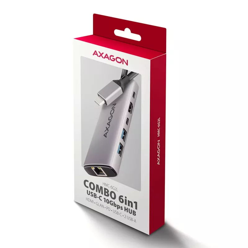 Axagon HMC-6G2L USB 10Gbps šakotuvas, 2x USB-A, 1x USB-C, HDMI 4k/60Hz, RJ-45, PD 100W