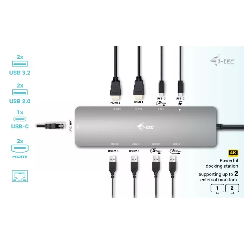 i-tec Metal USB-C Nano 2x Display Docking Station su PD 100 W + Įkroviklis 100W