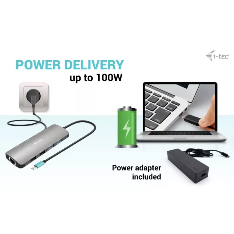 i-tec Metal USB-C Nano 2x Display Docking Station su PD 100 W + Įkroviklis 100W