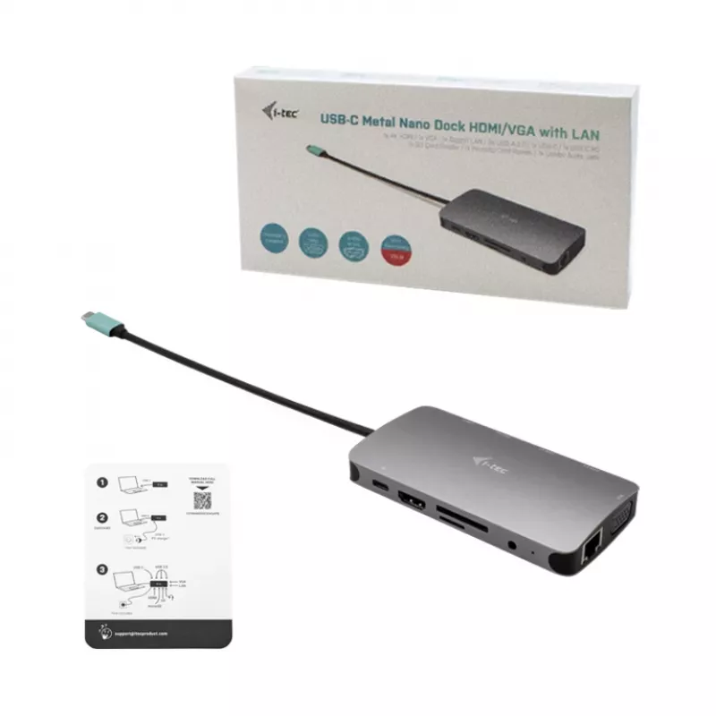 i-tec Metal USB-C Nano Dock HDMI/VGA su LAN ir 100 W įkrovikliu