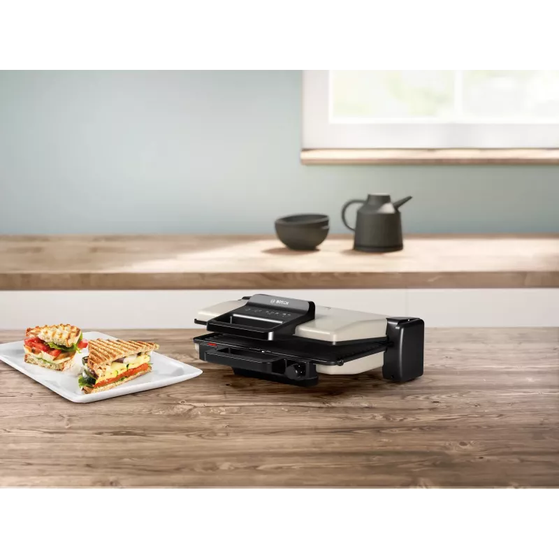 Kontaktinė kepsninė Bosch TCG3302 2000 W su 310x220 mm keraminėmis plokštėmis, reguliuojamu termostatu, nuimamomis indaplovėje plaunamomis plokštėmis