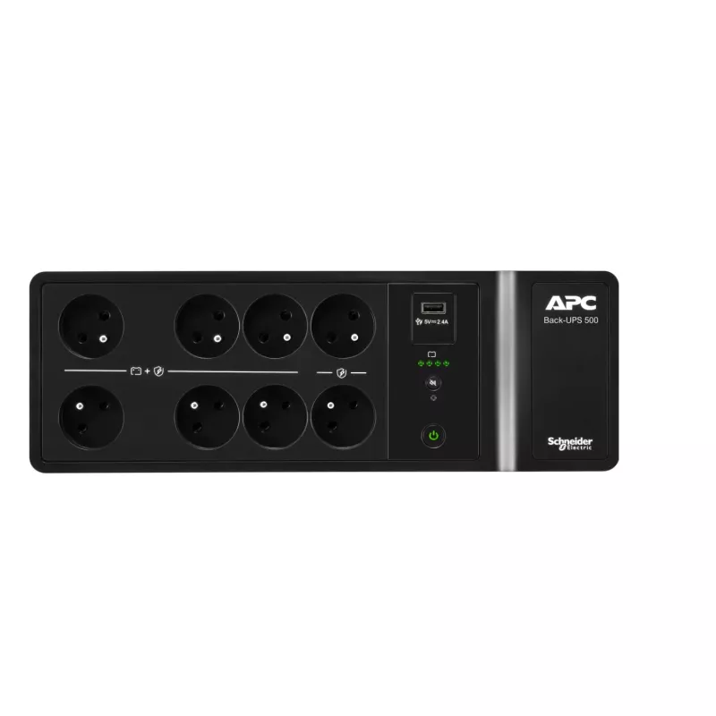APC Back-UPS, 500VA/300W, pastatomas ir tvirtinamas prie sienos, 230V, 8 prancūziški/belgiški lizdai, USB Type A prievadas, vartotojo keičiama baterija