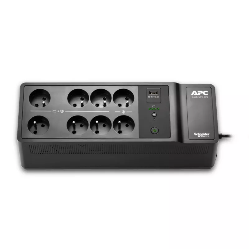 APC Back-UPS, 500VA/300W, pastatomas ir tvirtinamas prie sienos, 230V, 8 prancūziški/belgiški lizdai, USB Type A prievadas, vartotojo keičiama baterija