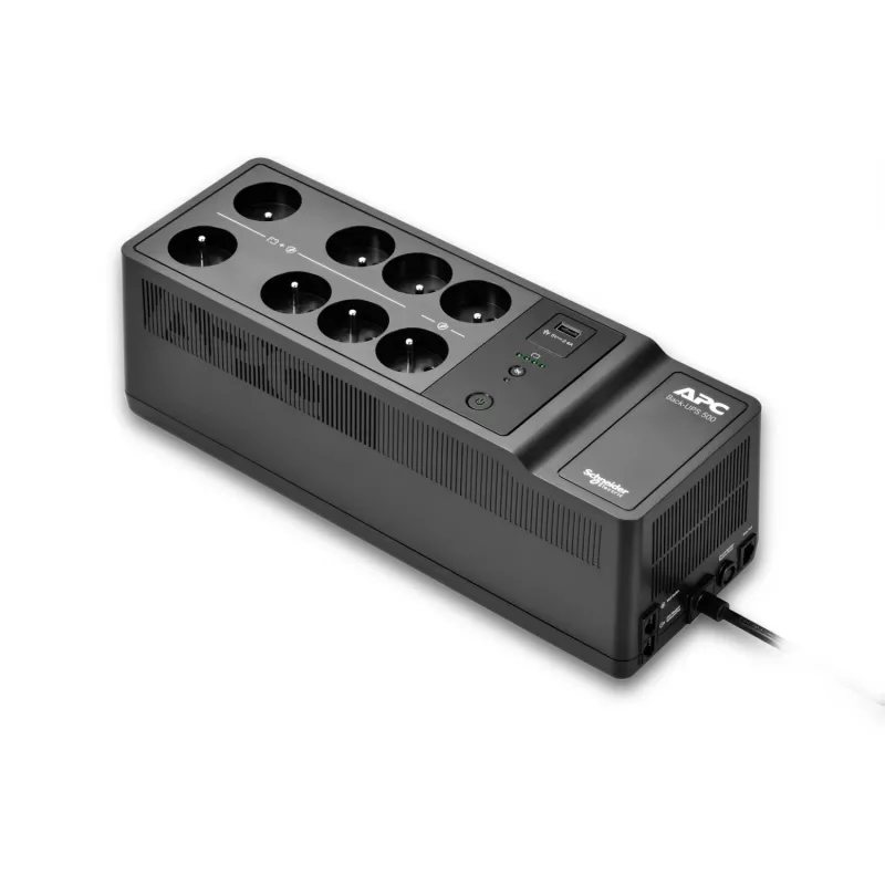 APC Back-UPS, 500VA/300W, pastatomas ir tvirtinamas prie sienos, 230V, 8 prancūziški/belgiški lizdai, USB Type A prievadas, vartotojo keičiama baterija