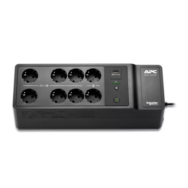 APC Back-UPS, 500VA/300W, montuojamas ant grindų/sienos, 230V, 8x CEE 7/3 Schuko lizdai, USB A tipo prievadas, vartotojo keičiama baterija