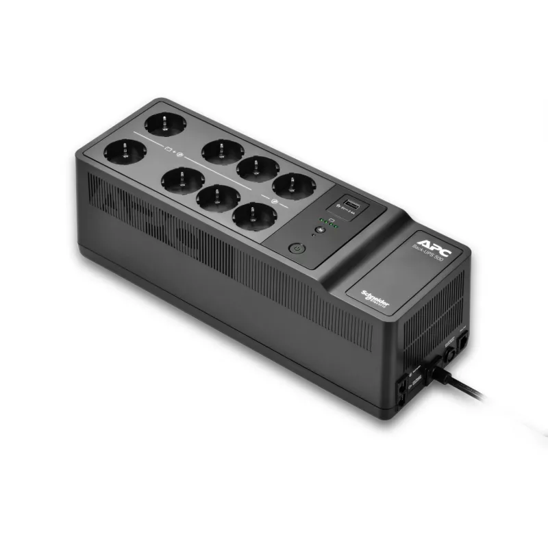 APC Back-UPS, 500VA/300W, montuojamas ant grindų/sienos, 230V, 8x CEE 7/3 Schuko lizdai, USB A tipo prievadas, vartotojo keičiama baterija