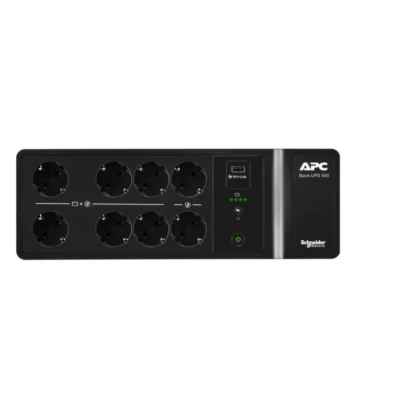 APC Back-UPS, 500VA/300W, montuojamas ant grindų/sienos, 230V, 8x CEE 7/3 Schuko lizdai, USB A tipo prievadas, vartotojo keičiama baterija