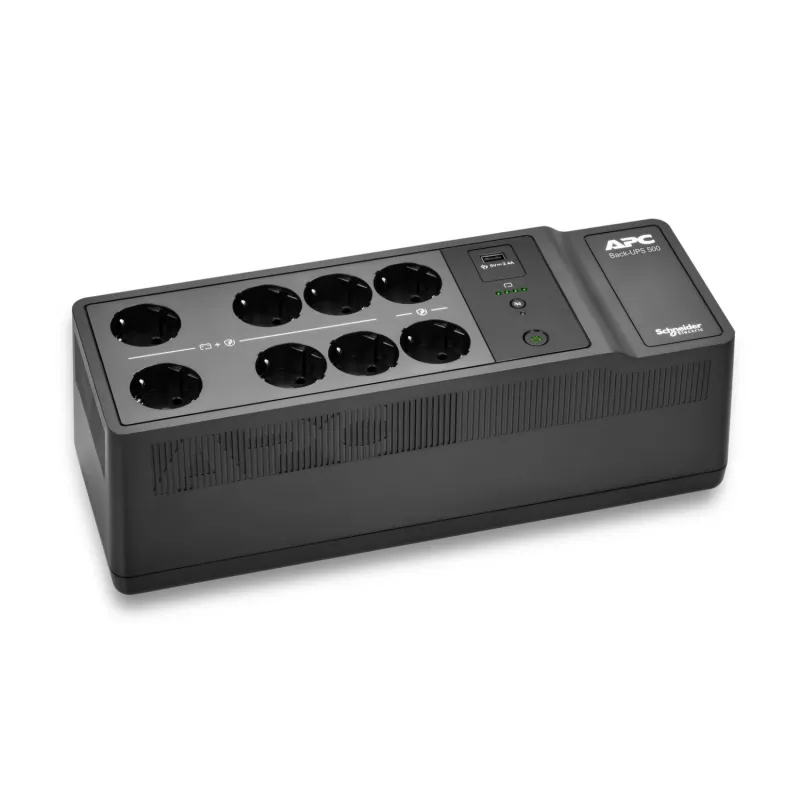APC Back-UPS, 500VA/300W, montuojamas ant grindų/sienos, 230V, 8x CEE 7/3 Schuko lizdai, USB A tipo prievadas, vartotojo keičiama baterija