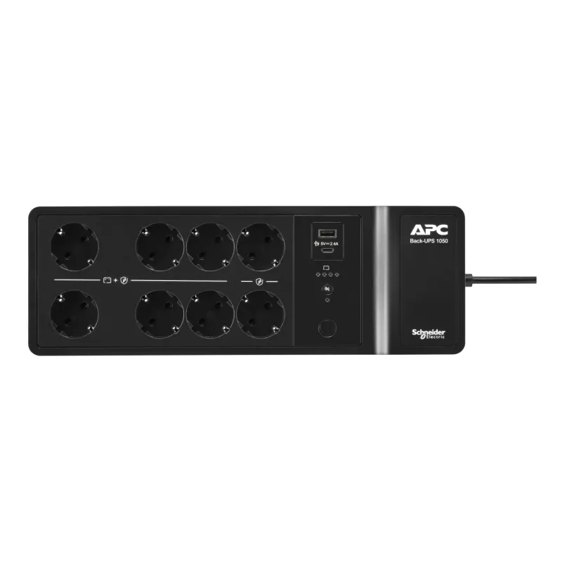 APC Back-UPS, 1050VA/600W, montuojamas ant grindų/sienos, 230V, 8x Schuko CEE 7/3 lizdai, USB Type A+C prievadas, vartotojo keičiama baterija