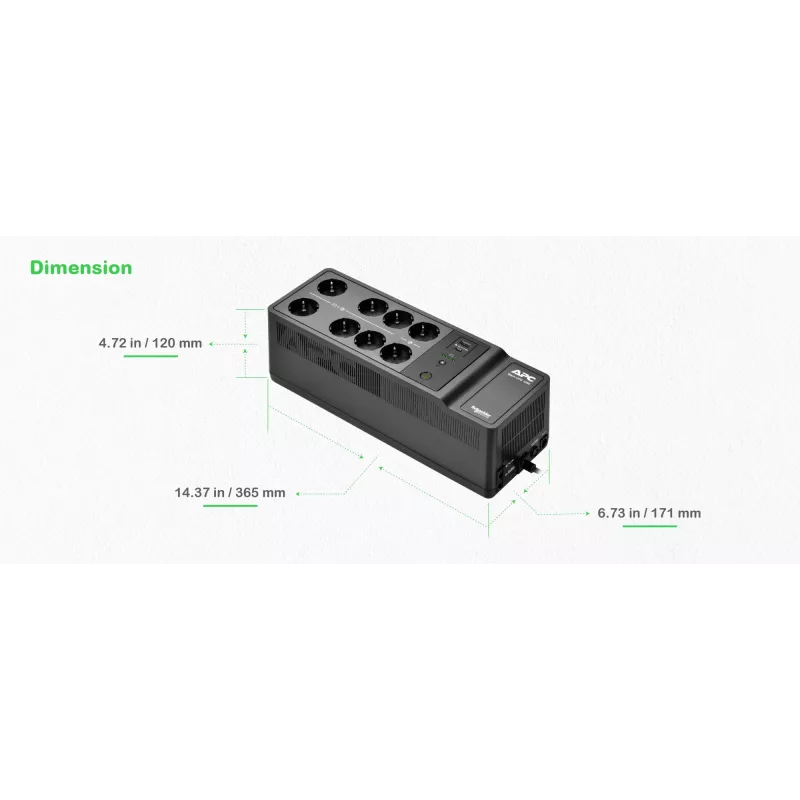 APC Back-UPS, 1050VA/600W, montuojamas ant grindų/sienos, 230V, 8x Schuko CEE 7/3 lizdai, USB Type A+C prievadas, vartotojo keičiama baterija