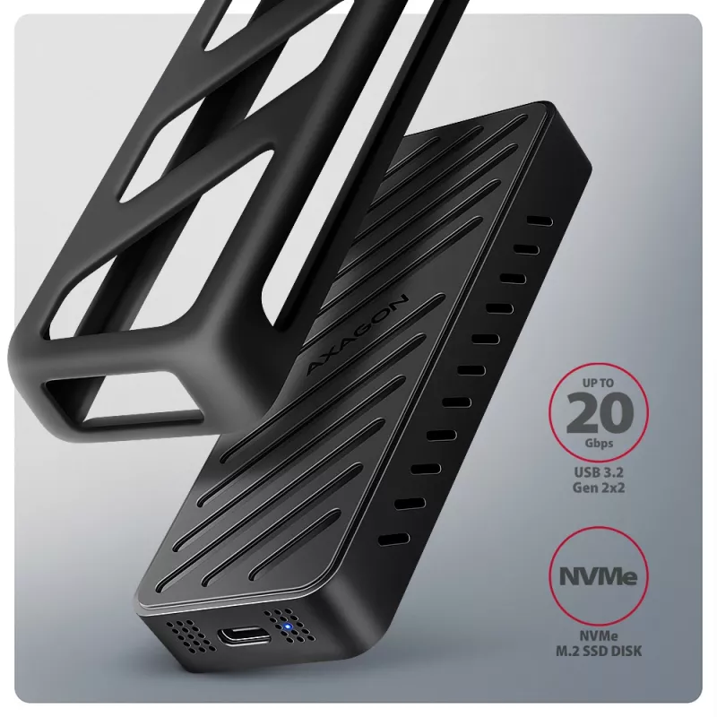 Axagon EEM2-20G USB-C 20Gbps - M.2 NVMe SSD ARMORED dėžutė, SSD korpusas, M.2, M.2, NVMe-oF, PCI Express, 20 Gbit/s, USB jungtis, juoda
