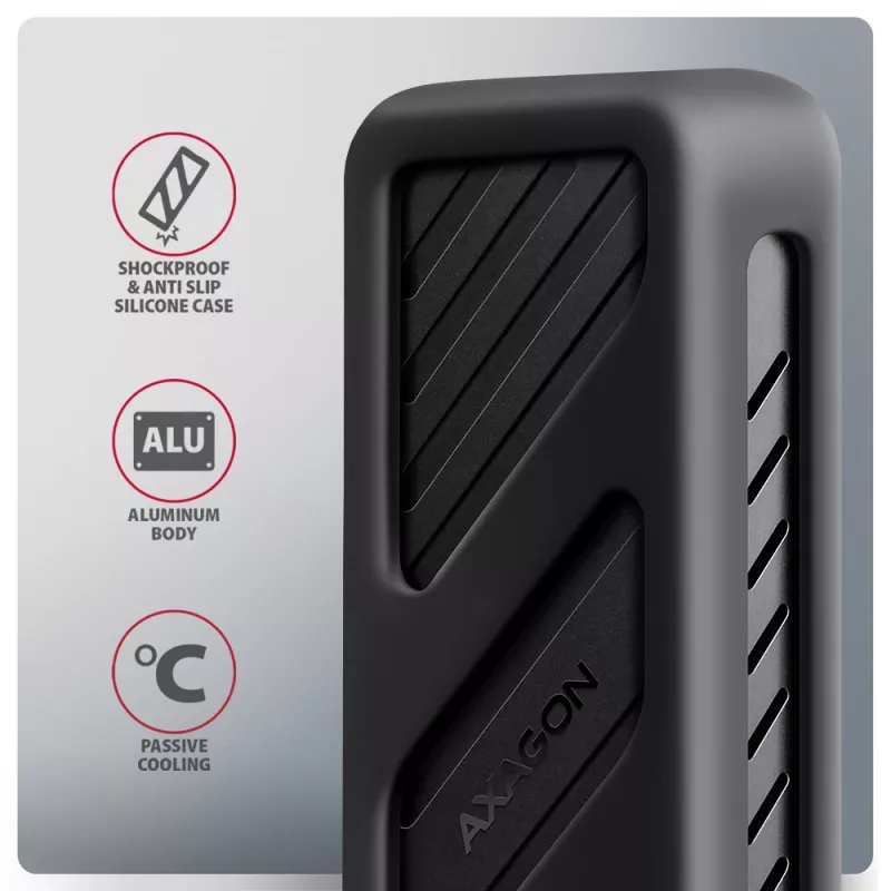 Axagon EEM2-20G USB-C 20Gbps - M.2 NVMe SSD ARMORED dėžutė, SSD korpusas, M.2, M.2, NVMe-oF, PCI Express, 20 Gbit/s, USB jungtis, juoda