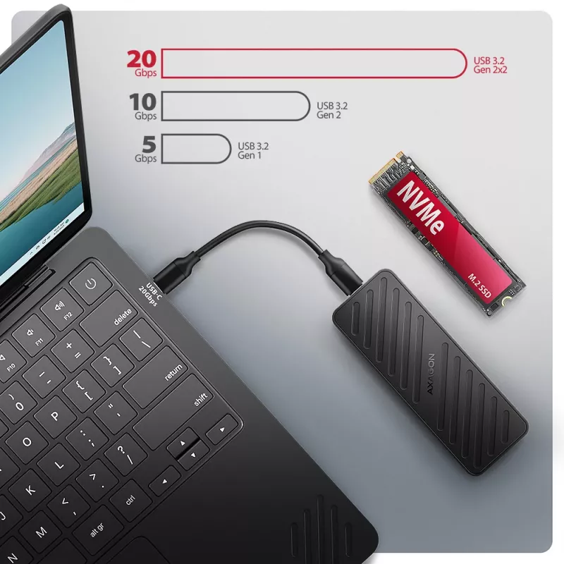 Axagon EEM2-20G USB-C 20Gbps - M.2 NVMe SSD ARMORED dėžutė, SSD korpusas, M.2, M.2, NVMe-oF, PCI Express, 20 Gbit/s, USB jungtis, juoda