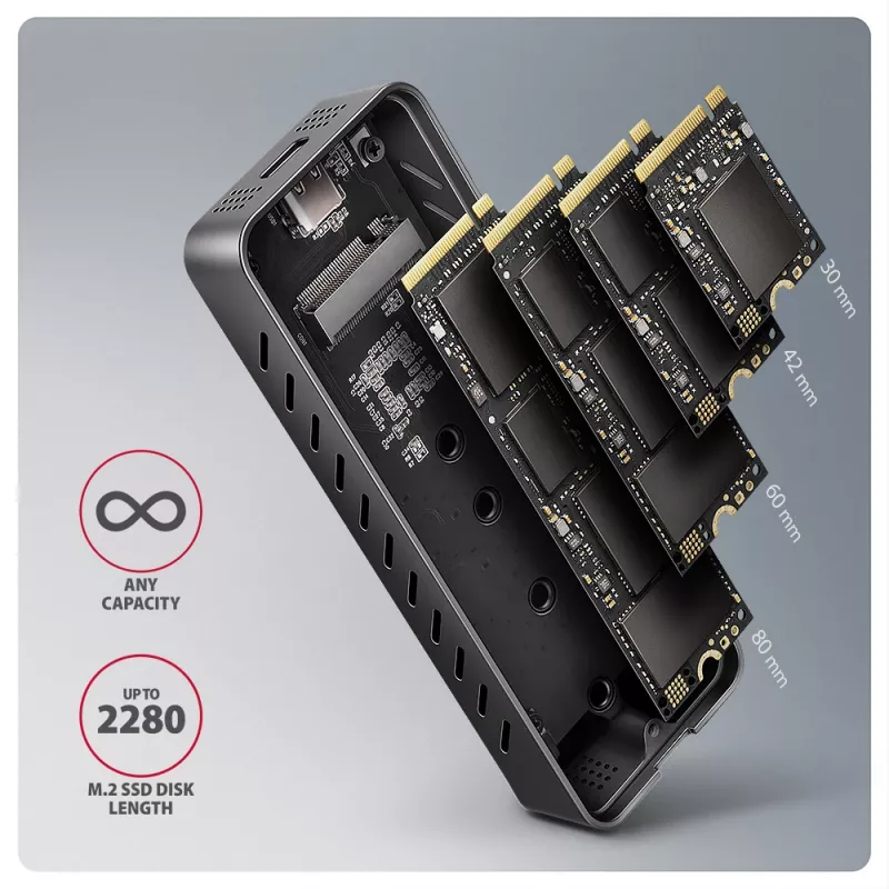 Axagon EEM2-20G USB-C 20Gbps - M.2 NVMe SSD ARMORED dėžutė, SSD korpusas, M.2, M.2, NVMe-oF, PCI Express, 20 Gbit/s, USB jungtis, juoda