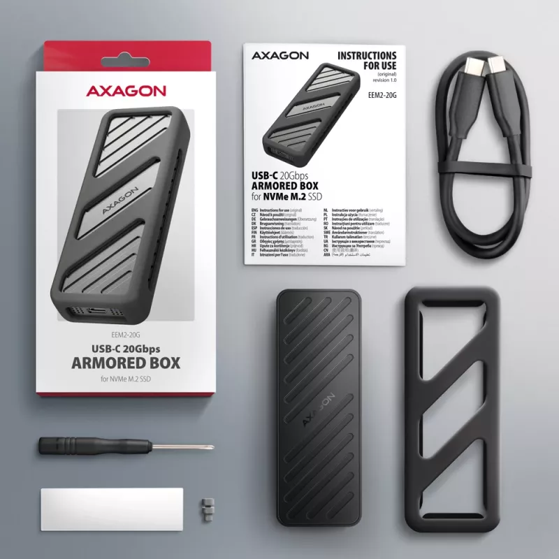 Axagon EEM2-20G USB-C 20Gbps - M.2 NVMe SSD ARMORED dėžutė, SSD korpusas, M.2, M.2, NVMe-oF, PCI Express, 20 Gbit/s, USB jungtis, juoda