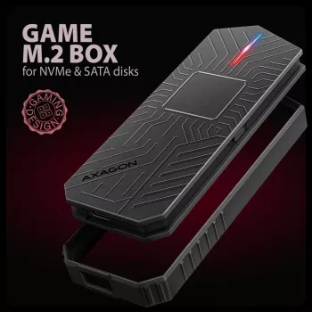 Axagon EEM2-GAM išorinis USB-C 10 Gbps metalinis dėklas M.2 NVMe ir SATA SSD diskams. Be varžtų