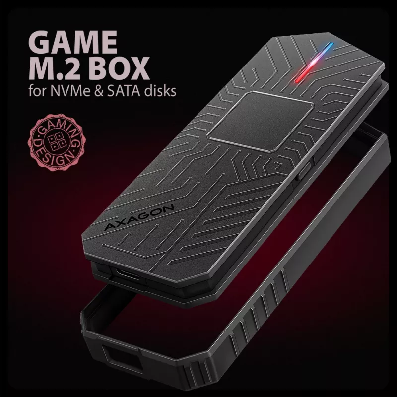 Axagon EEM2-GAM išorinis USB-C 10 Gbps metalinis dėklas M.2 NVMe ir SATA SSD diskams. Be varžtų