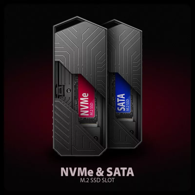 Axagon EEM2-GAM išorinis USB-C 10 Gbps metalinis dėklas M.2 NVMe ir SATA SSD diskams. Be varžtų