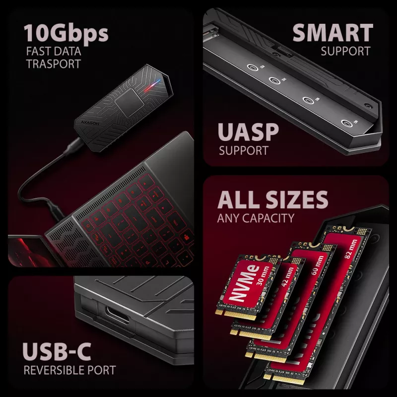 Axagon EEM2-GAM išorinis USB-C 10 Gbps metalinis dėklas M.2 NVMe ir SATA SSD diskams. Be varžtų