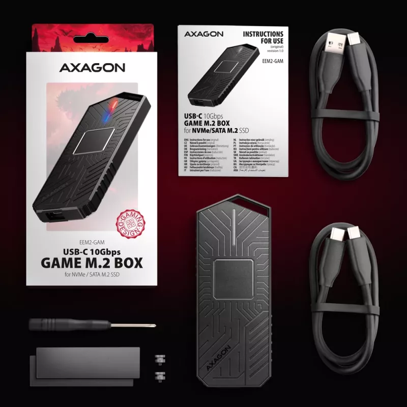 Axagon EEM2-GAM išorinis USB-C 10 Gbps metalinis dėklas M.2 NVMe ir SATA SSD diskams. Be varžtų