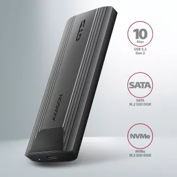 Axagon EEM2-GTS2 išorinė USB-C 10 Gbps metalinė dėžutė M.2 NVMe ir SATA SSD diskams. Be varžtų