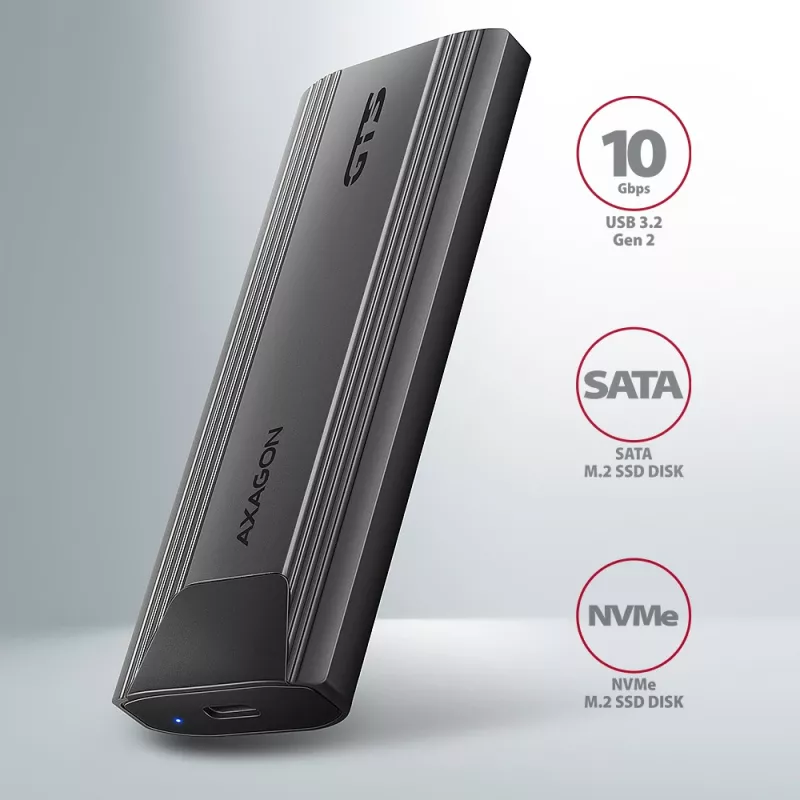 Axagon EEM2-GTS2 išorinė USB-C 10 Gbps metalinė dėžutė M.2 NVMe ir SATA SSD diskams. Be varžtų