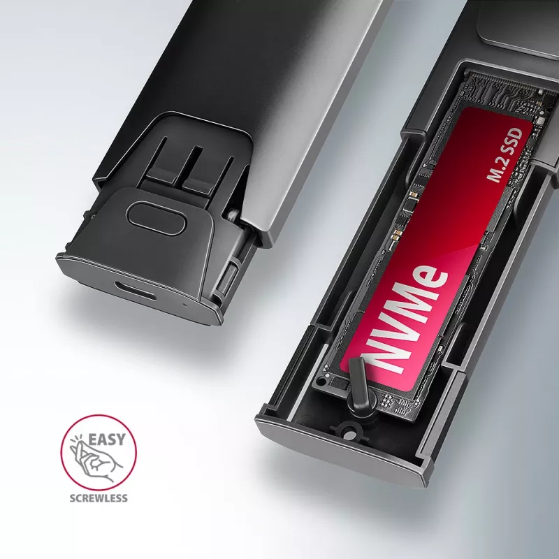 Axagon EEM2-GTS2 išorinė USB-C 10 Gbps metalinė dėžutė M.2 NVMe ir SATA SSD diskams. Be varžtų