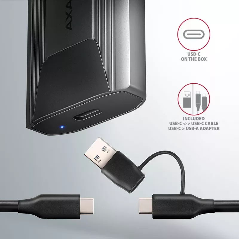 Axagon EEM2-GTS2 išorinė USB-C 10 Gbps metalinė dėžutė M.2 NVMe ir SATA SSD diskams. Be varžtų