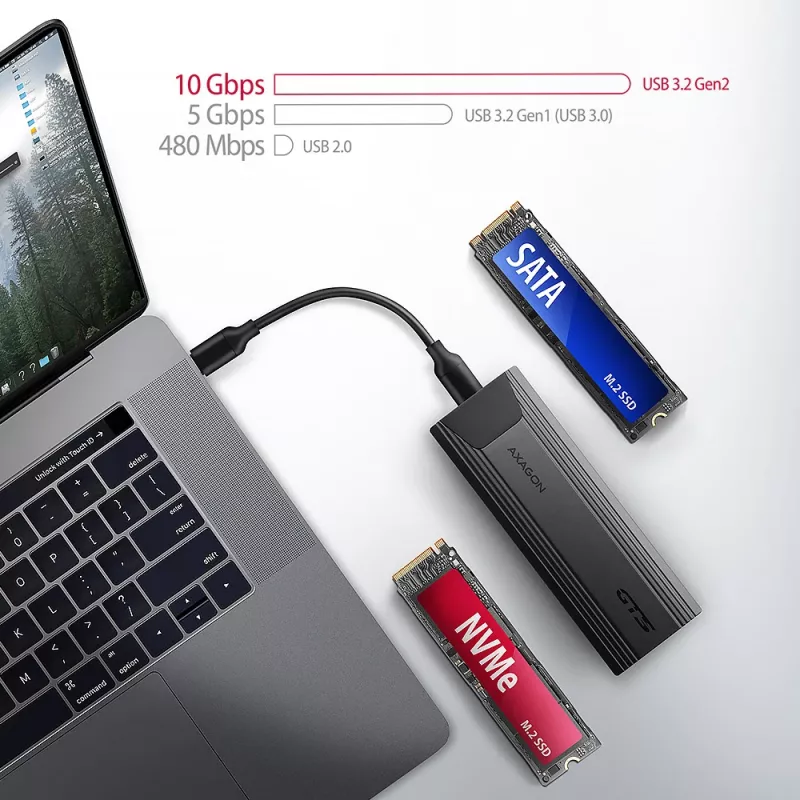 Axagon EEM2-GTS2 išorinė USB-C 10 Gbps metalinė dėžutė M.2 NVMe ir SATA SSD diskams. Be varžtų