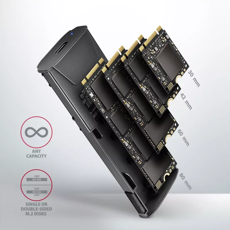 Axagon EEM2-GTS2 išorinė USB-C 10 Gbps metalinė dėžutė M.2 NVMe ir SATA SSD diskams. Be varžtų