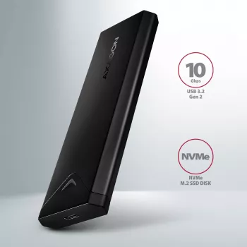 Axagon EEM2-UB2 išorinis USB-C 10 Gbps metalinis dėklas M.2 NVMe SSD diskams. Juodas.