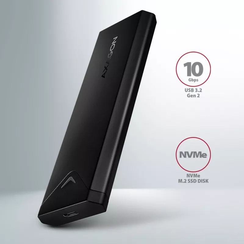 Axagon EEM2-UB2 išorinis USB-C 10 Gbps metalinis dėklas M.2 NVMe SSD diskams. Juodas.