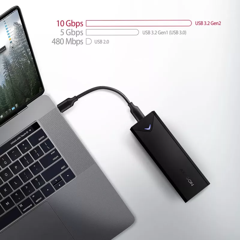 Axagon EEM2-UB2 išorinis USB-C 10 Gbps metalinis dėklas M.2 NVMe SSD diskams. Juodas.