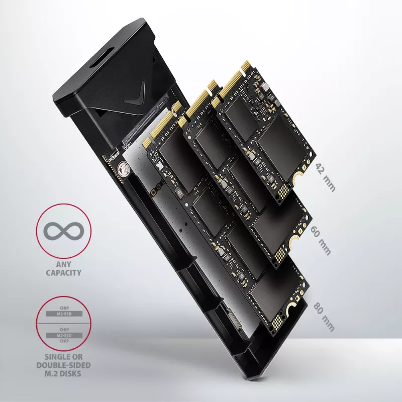Axagon EEM2-UB2 išorinis USB-C 10 Gbps metalinis dėklas M.2 NVMe SSD diskams. Juodas.