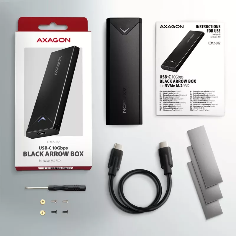 Axagon EEM2-UB2 išorinis USB-C 10 Gbps metalinis dėklas M.2 NVMe SSD diskams. Juodas.