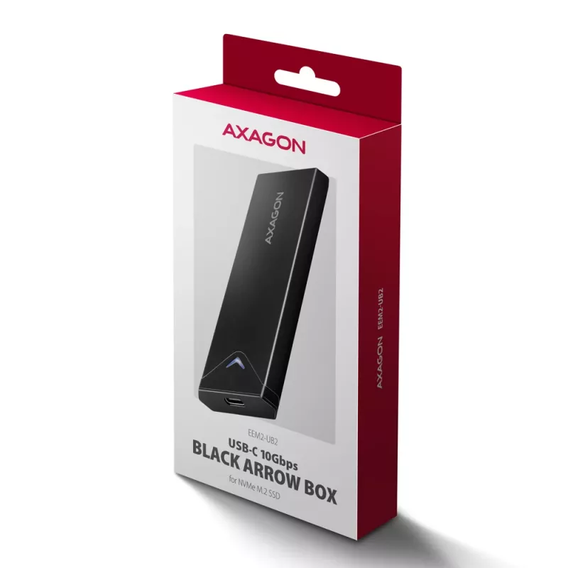 Axagon EEM2-UB2 išorinis USB-C 10 Gbps metalinis dėklas M.2 NVMe SSD diskams. Juodas.